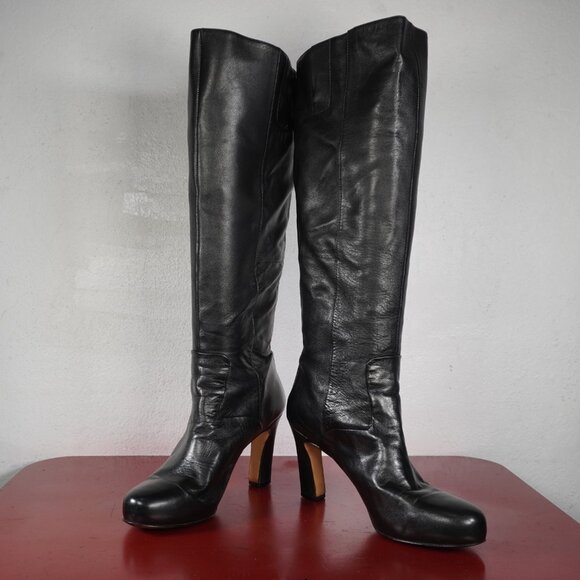 Women's Nine West Black Leather Knee High Heel Platform Fashion Boots 8 - Picture 4 of 9